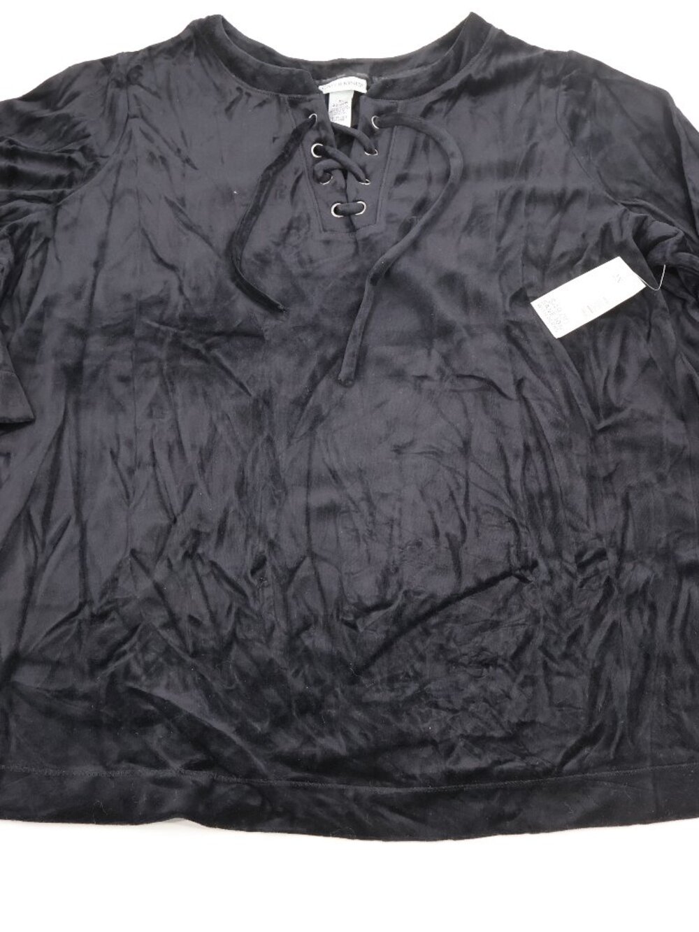 Catherines Velour Tunic Top Womens 2X Black Lace-Up Grommet 3/4 Sleeve